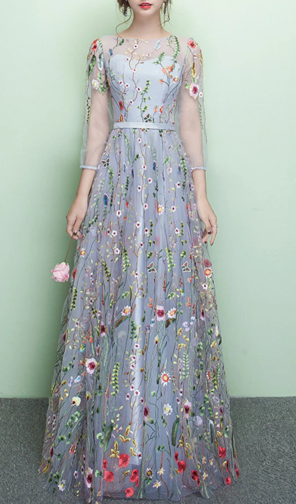 Dannell Gray Flower Mesh Sleeve Maxi Dress Flowering Girl