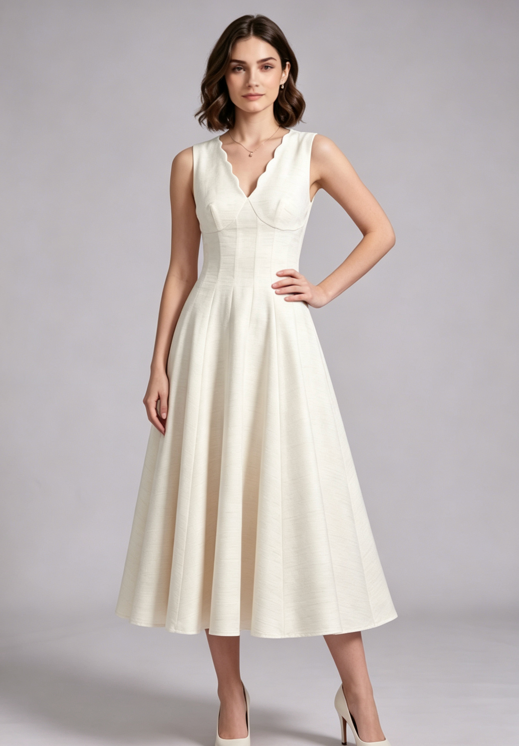Ivory Textured Woven A-Line Midi Dress with Back Bow Flowering Girl