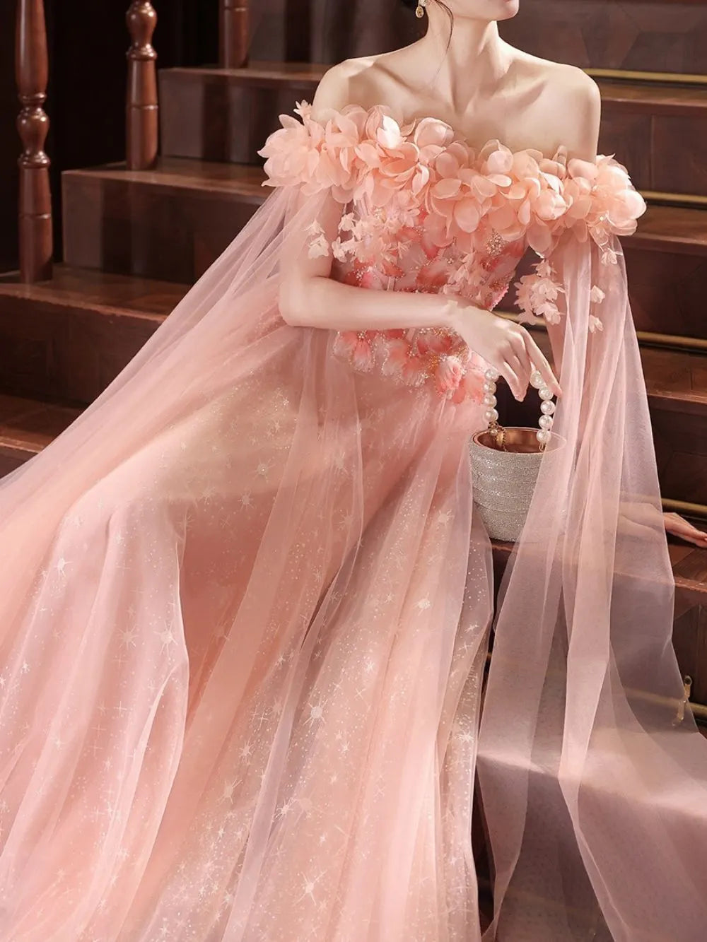 Mayura Pink Off-Shoulder Mesh Maxi Dress Flowering Girl