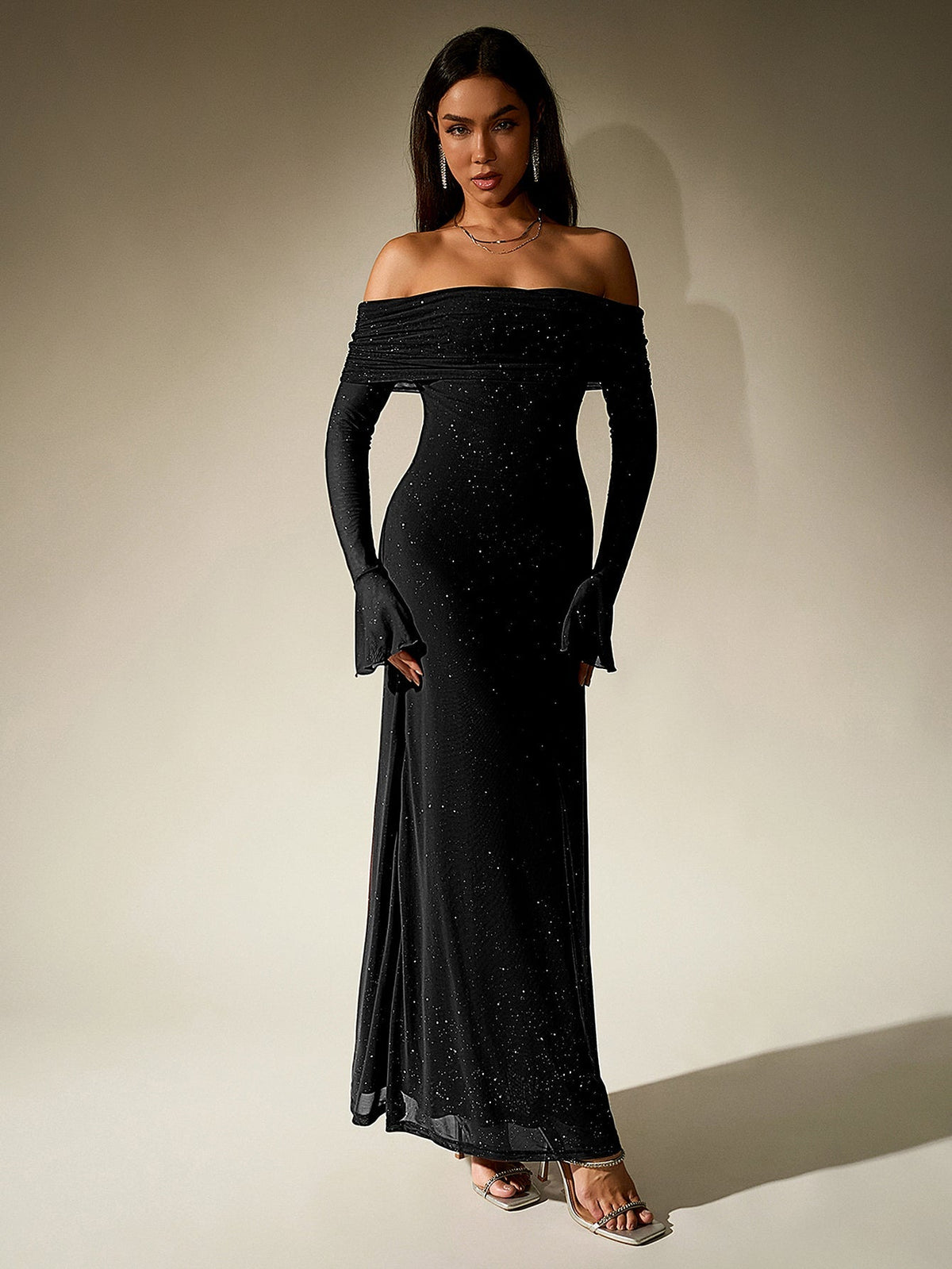 Off Shoulder Flounce Sleeve Mesh Sequin Dress Flowering Girl