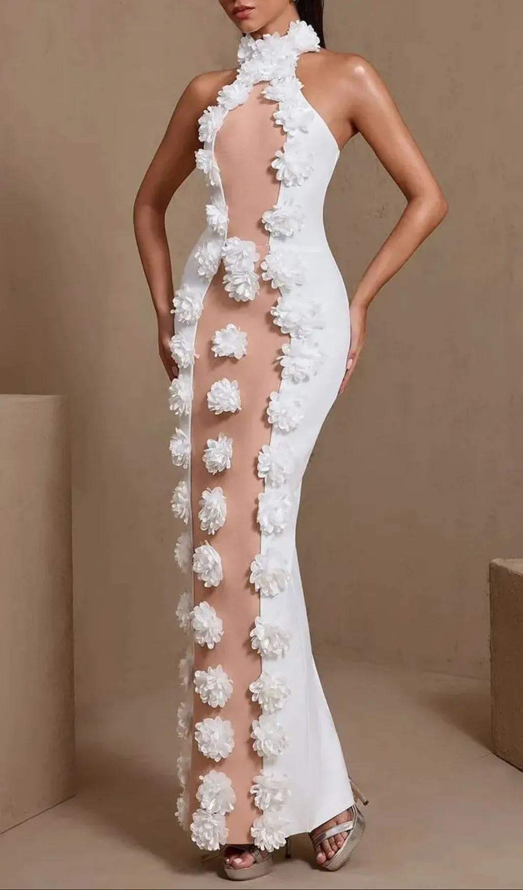 Jennifer White Halter Neck 3D Flowers Bandage Maxi Dress Flowering Girl