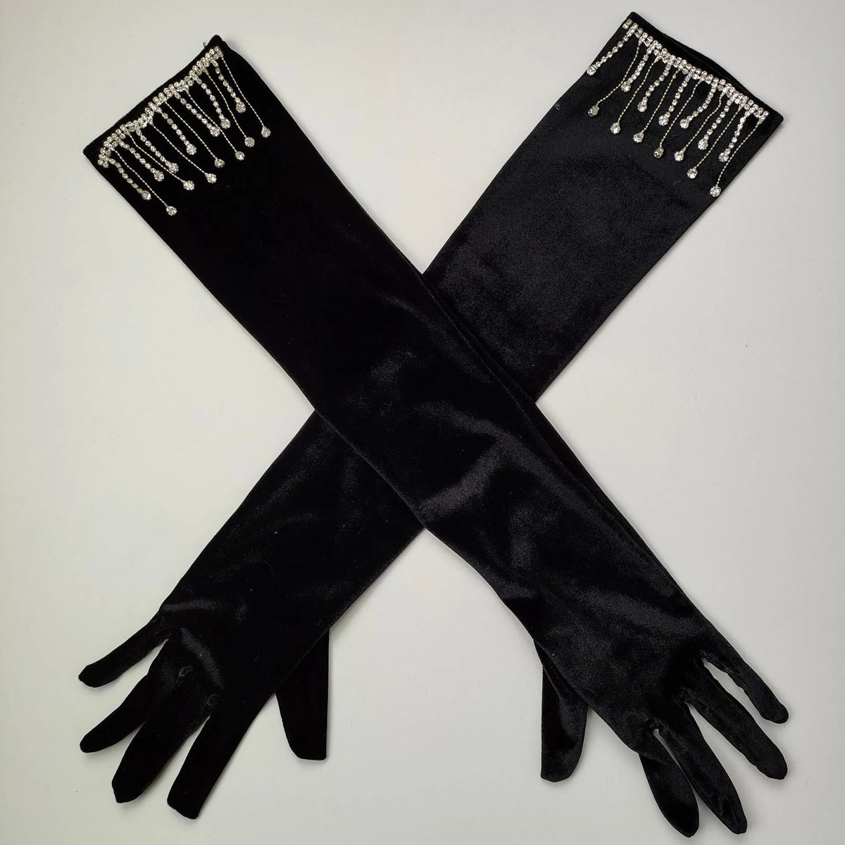 Velvet Rhinestones Long Gloves With Fringe Flowering Girl