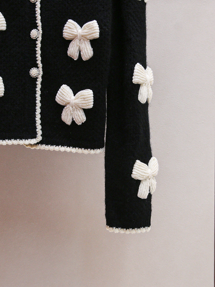 Black Medium-Weight Wool-Blend Knit Boxy, Straight Cardigan Flowering Girl