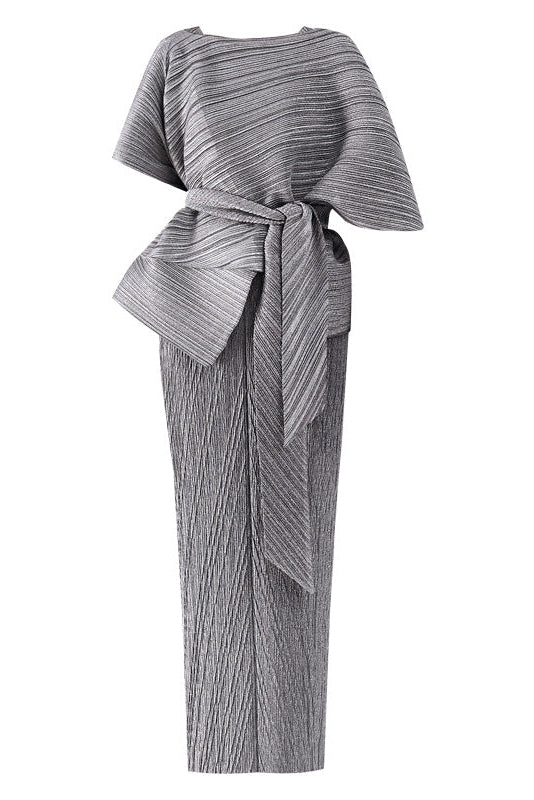Maureen Pleated Midi Dress With Cape In Gray Set Flowering Girl