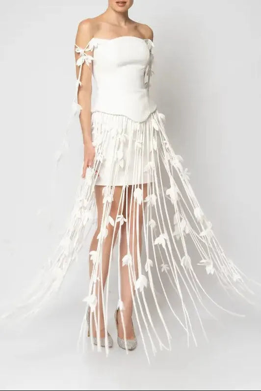 Hilary White Flower Tassel Strapless Mini Dress Flowering Girl