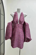 Jacquard Rose Pink Halterneck Mini Dress Flowering Girl