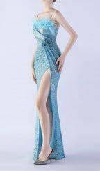Chroma Blue Sequin Flower Feather Maxi Dress Flowering Girl