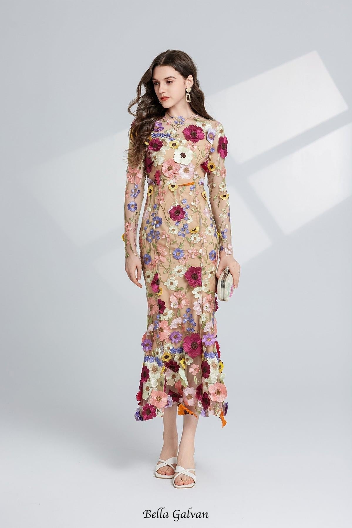 CAROL brown FLORAL EMBROIDERY MESH LONG SLEEVE MIDI DRESS Flowering Girl