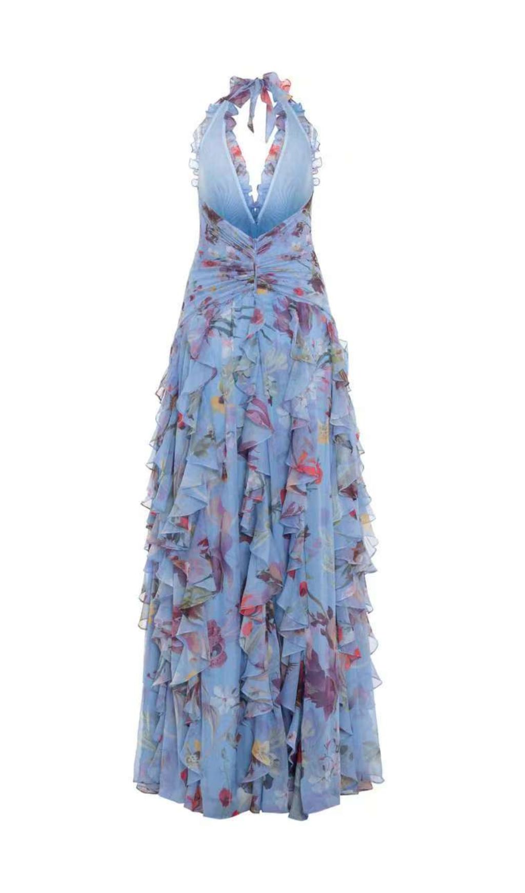 Delicah Blue Halter Floral Ruffle Maxi Dress Flowering Girl