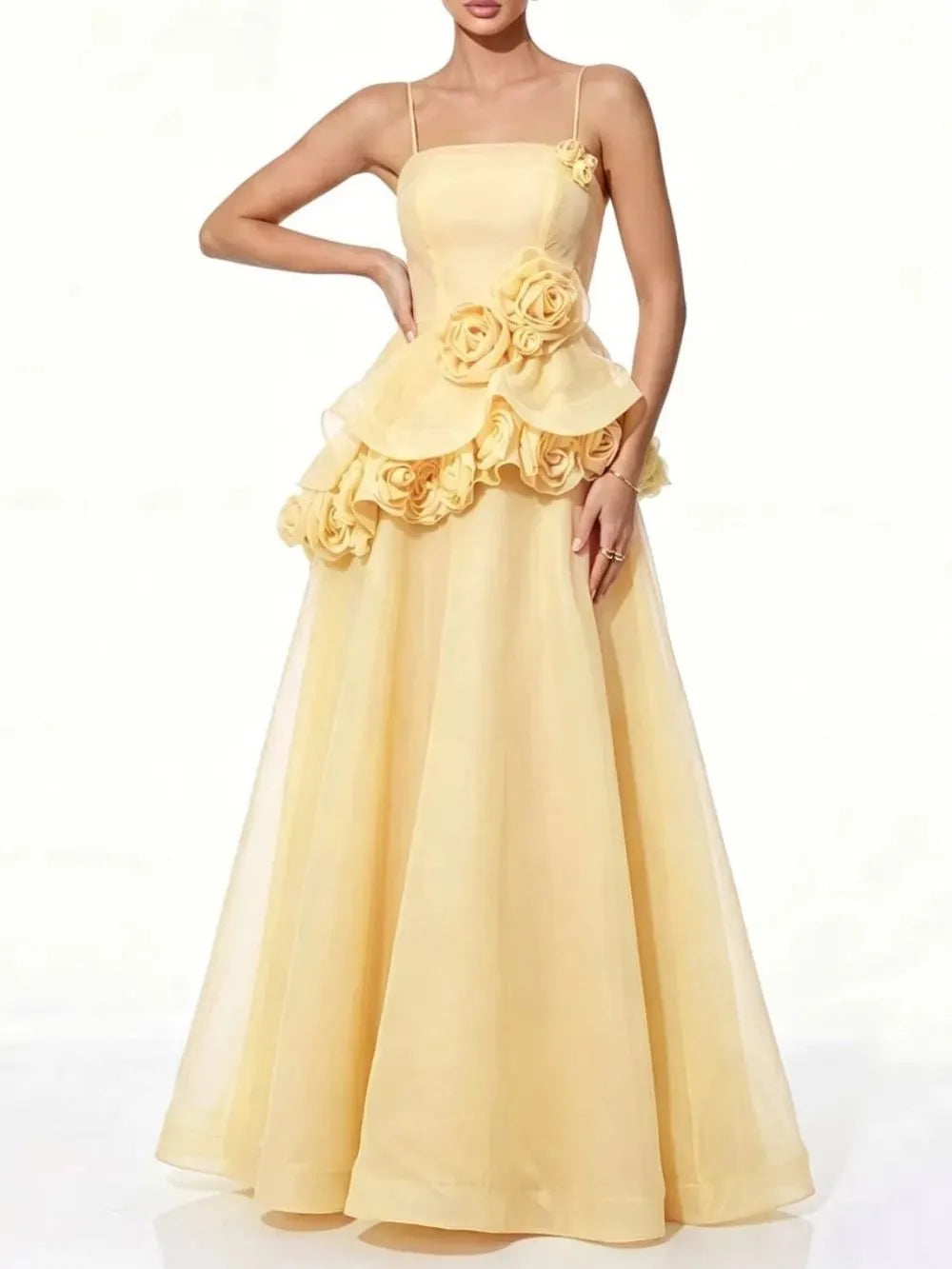 Cydran Spaghetti Flower Maxi Dress In Yellow Flowering Girl