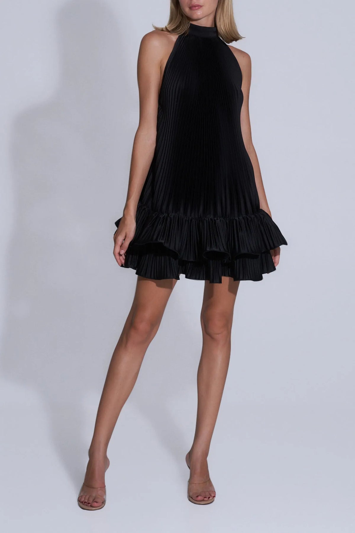 tina Double-layer ruffled halter neck mini dress in black Flowering Girl