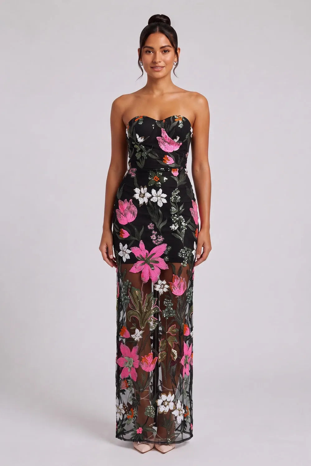 Black Floral Embroidered Mesh Column Dress Flowering Girl