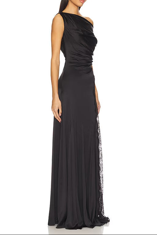 Sara Black Asymmetrical Pleated Maxi Dress With Side Slit Lace Trim Flowering Girl