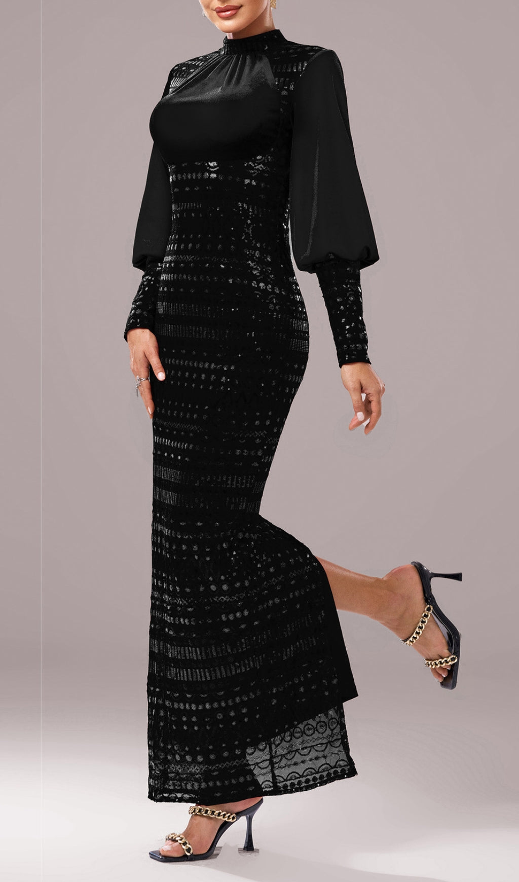 Sequin Long Sleeve Maxi Dress In Black Flowering Girl