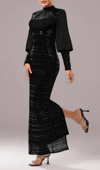 Sequin Long Sleeve Maxi Dress In Black Flowering Girl