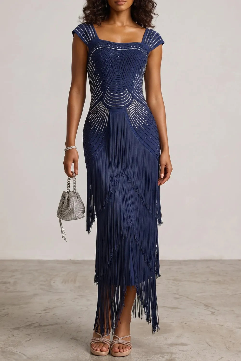 Cap Sleeve Square Neck Rhinestone Fringe Midi Dress Flowering Girl