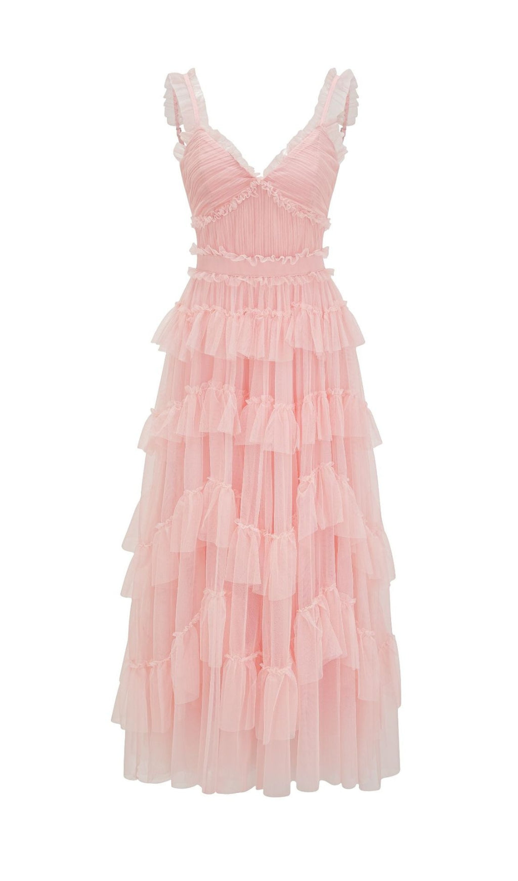Pink Ruffle V Neck Sleeveless Tiered Tulle Maxi Dress Flowering Girl