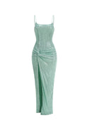 sequin ruched high slit maxi dress in green Flowering Girl