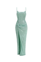 sequin ruched high slit maxi dress in green Flowering Girl