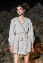 Beige V-Neck Long Sleeve Diamond Stud Coat Flowering Girl