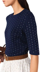 Round Neck Rhinestone Sweater Flowering Girl