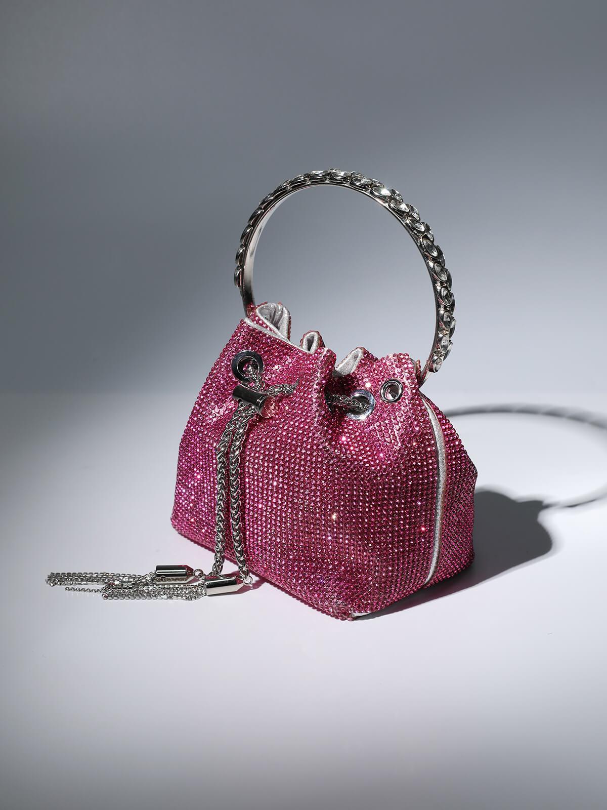 Crystal Embellished Bucket Bag In Hot Pink Flowering Girl