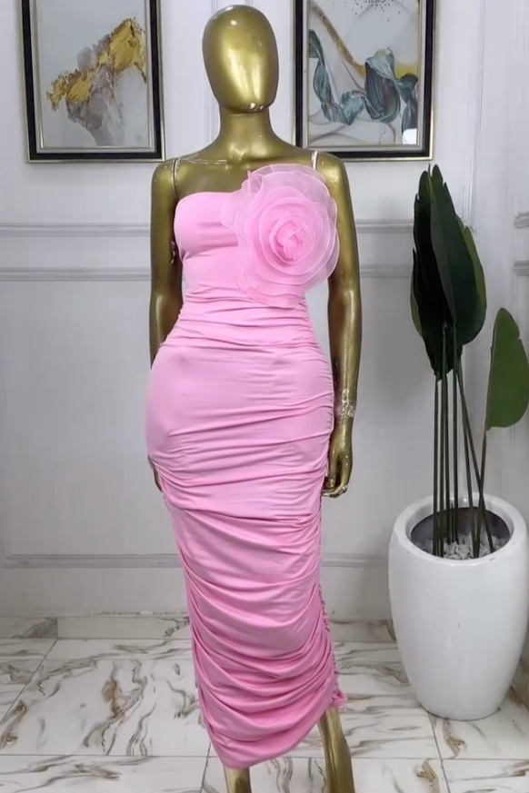 IDRA STRAPLESS FLOWER RUCHED MAXI DRESS IN PINK Flowering Girl