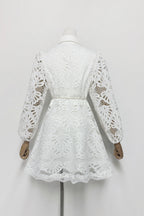 Lapel Hollow Embroidery Puff Sleeve Mini Dress In White Flowering Girl