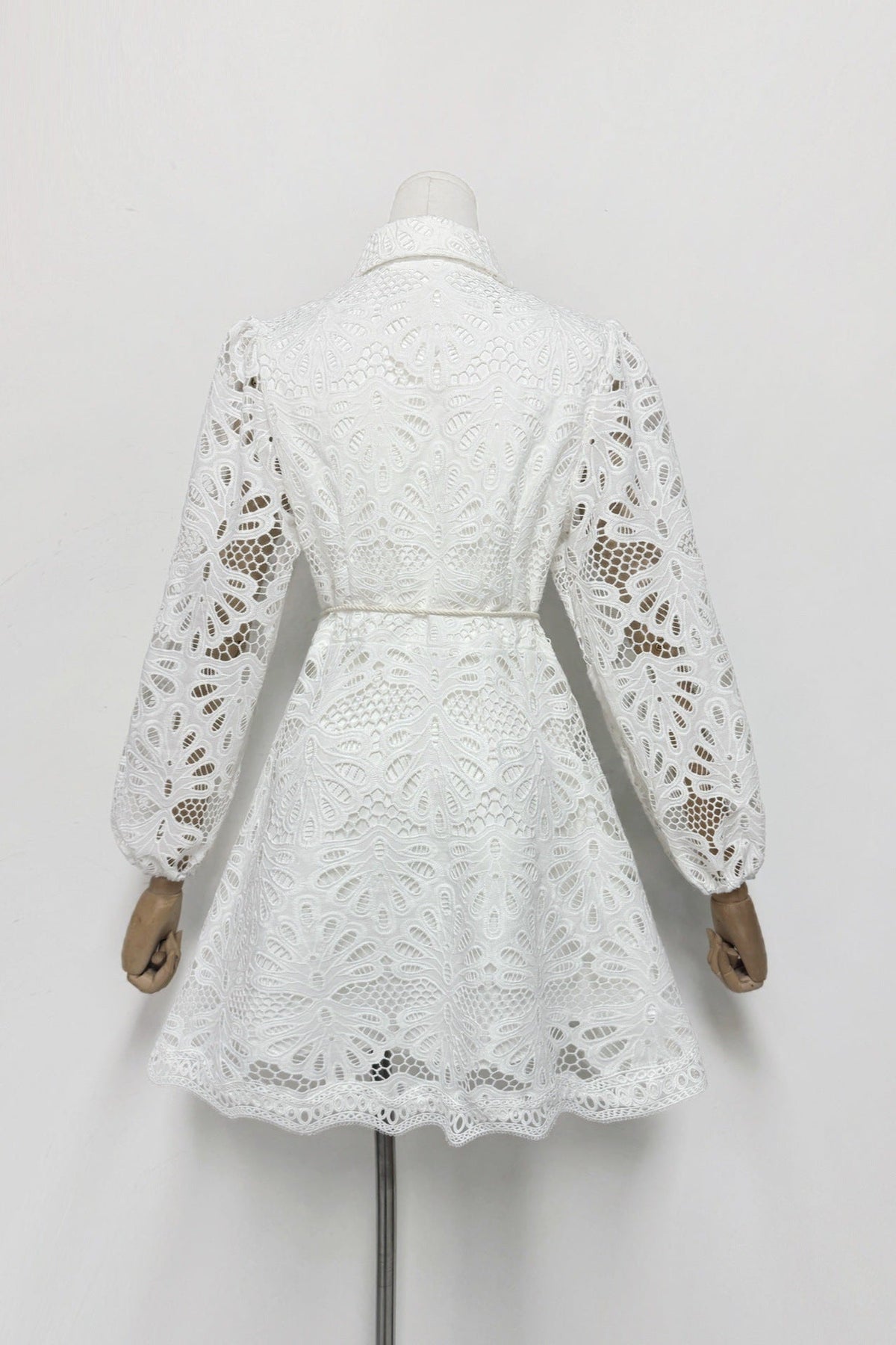 Lapel Hollow Embroidery Puff Sleeve Mini Dress In White Flowering Girl