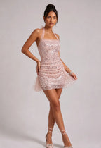 Blush Pink Sequin Halter Mini Dress Flowering Girl