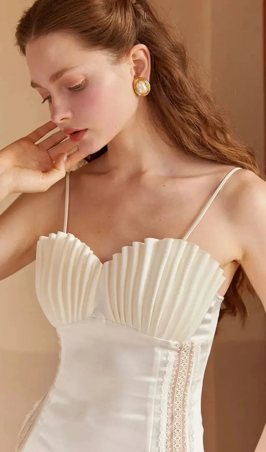 Marjorie Shell Pleated Satin Midi Dress In White Flowering Girl