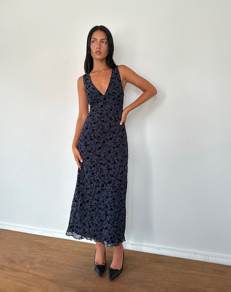 Gabriela Midi Dress In Flocked Petal Navy Flowering Girl