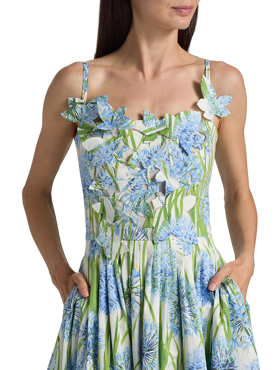 Jolie Multicolor Floral Bow Embroidered Poplin Midi Dress Flowering Girl
