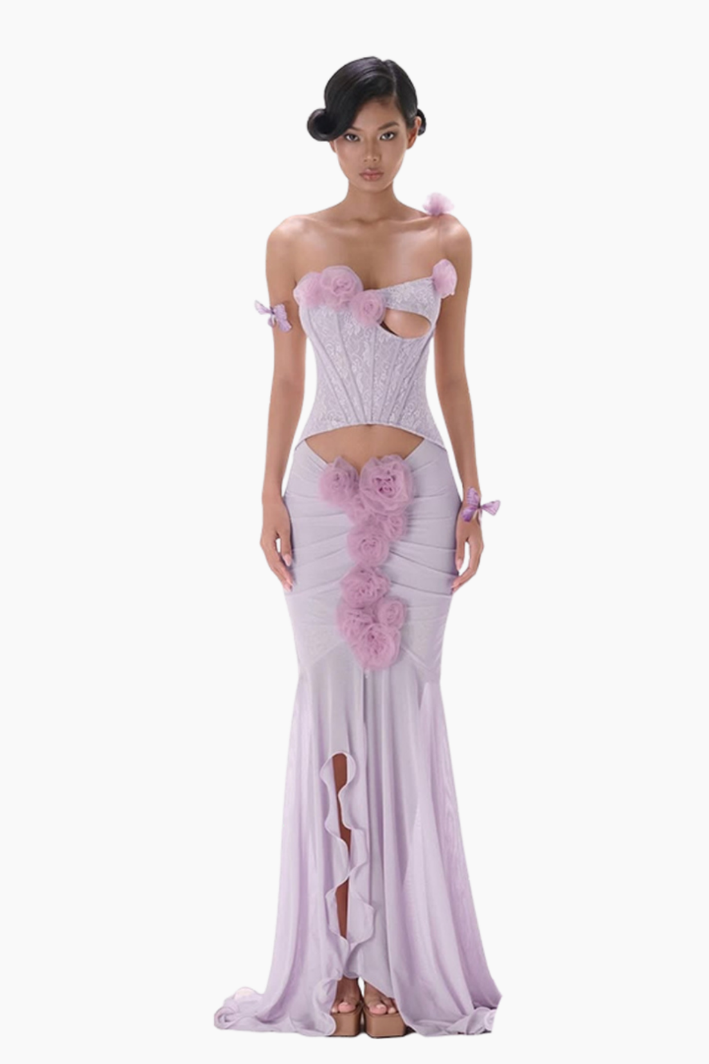 Sigrid 3D Flower Strapless Fishtail Maxi Dress In Purple Flowering Girl