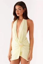 Pale Yellow Beach Halter Neck Mini Dress Flowering Girl