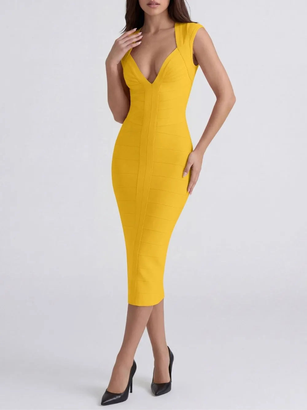 Marixa Yellow V-Neck Bandage Midi Dress Flowering Girl