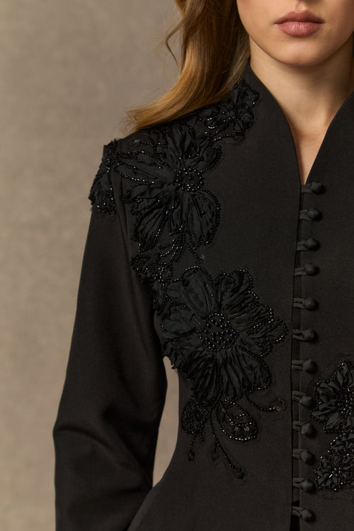 3D Beaded Floral Stand Collar Peplum Jacket & Pleated Chiffon Maxi Skirt Two-Piece Set Flowering Girl