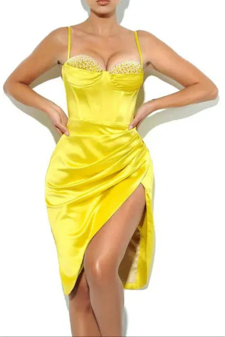 Lemon Yellow Pleated Satin Mini Dress Flowering Girl