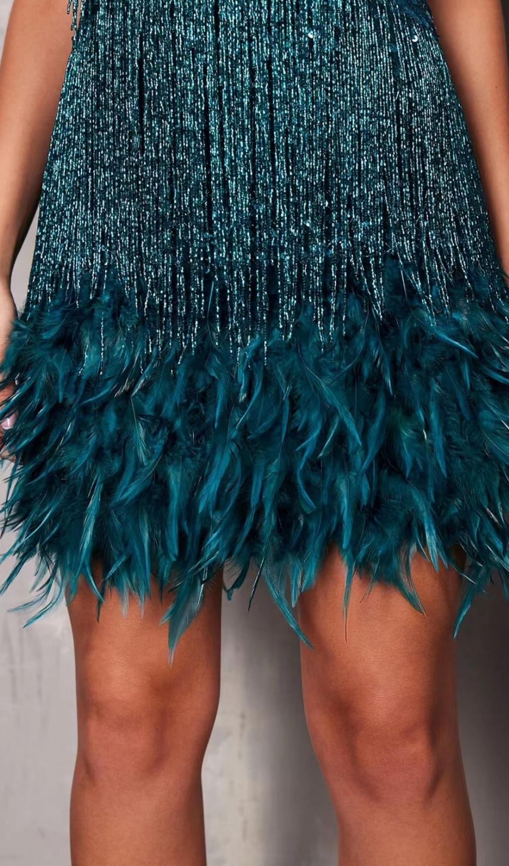 Emerald Tassel Feather Mini Dress Flowering Girl