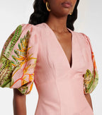 V-Neck Puff Sleeve Cotton Linen Printed Mini Dress - Pink Flowering Girl
