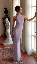 Jaidyn Purple Halter Flower Backless Maxi Dress Flowering Girl