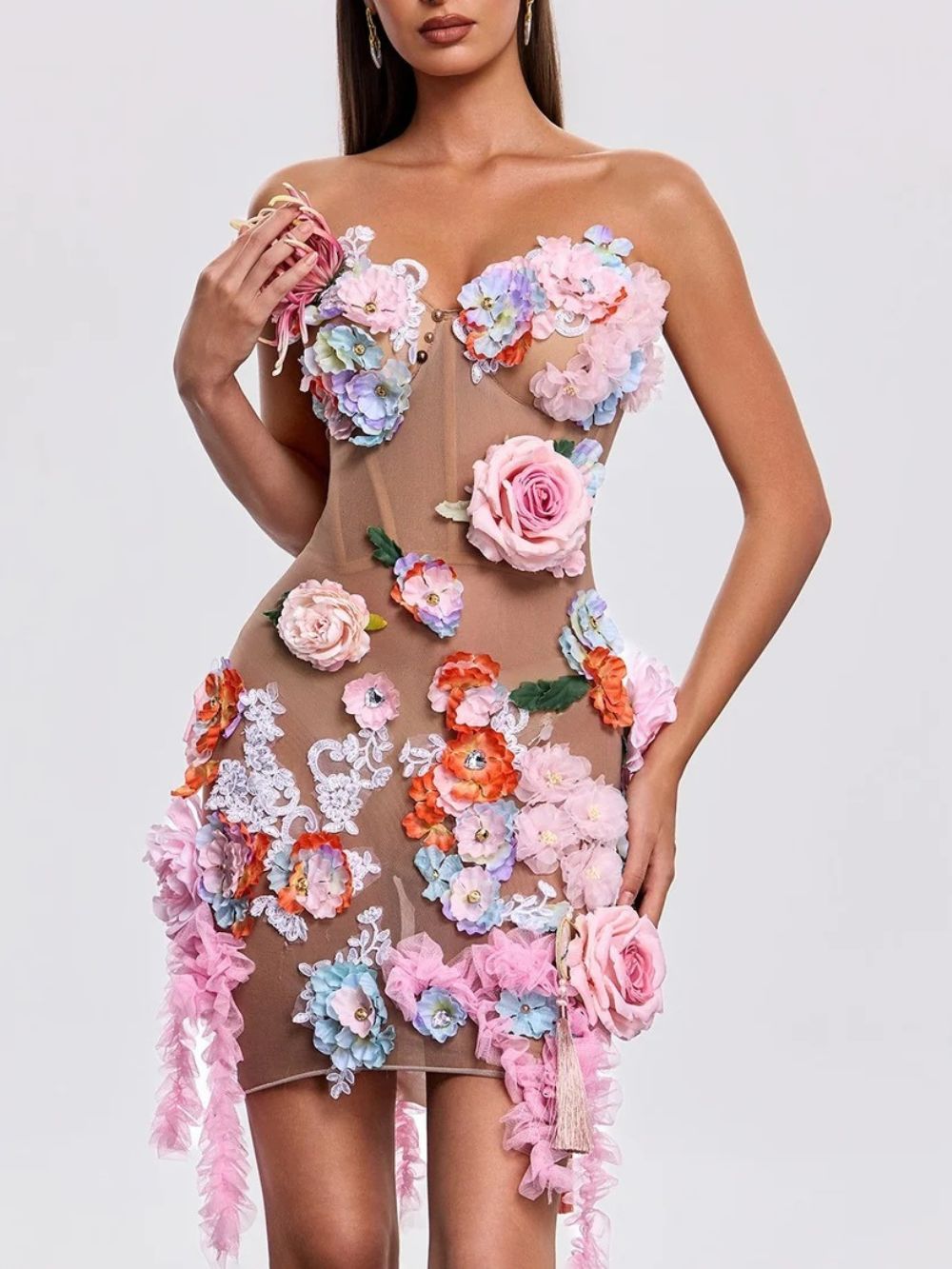Jaldex Strapless Flower Mini Dress In Nude Flowering Girl