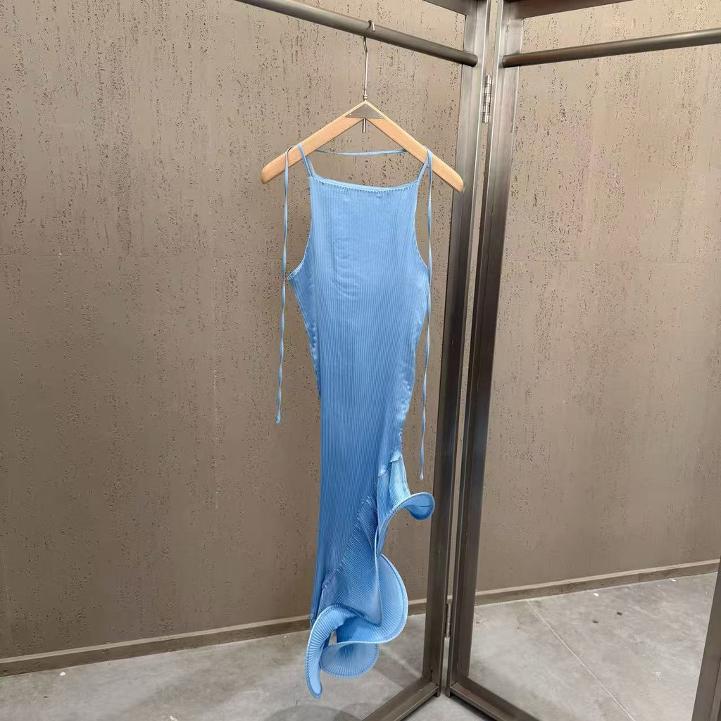 Light Blue Polyester Blend Fitted Sheath With Asymmetrical Flared Hem Dress Flowering Girl