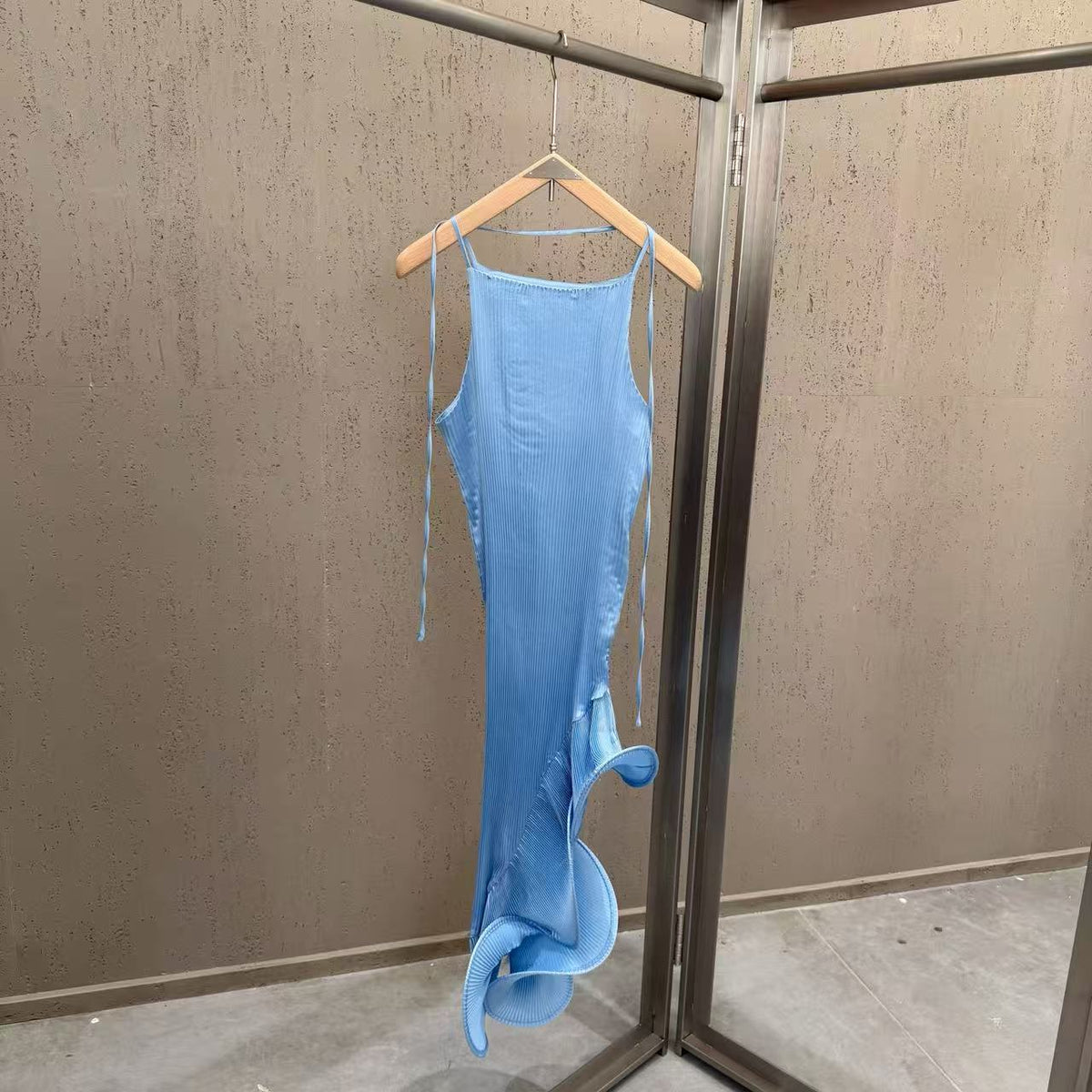 Light Blue Polyester Blend Fitted Sheath With Asymmetrical Flared Hem Dress Flowering Girl