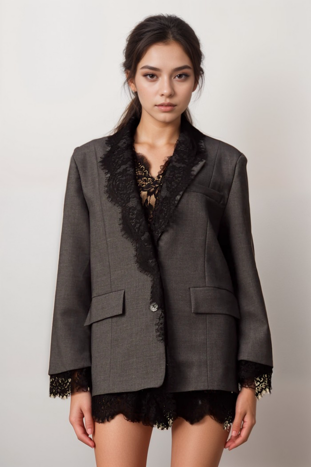 Dianthe Grey Lace-Panel Blazer Flowering Girl