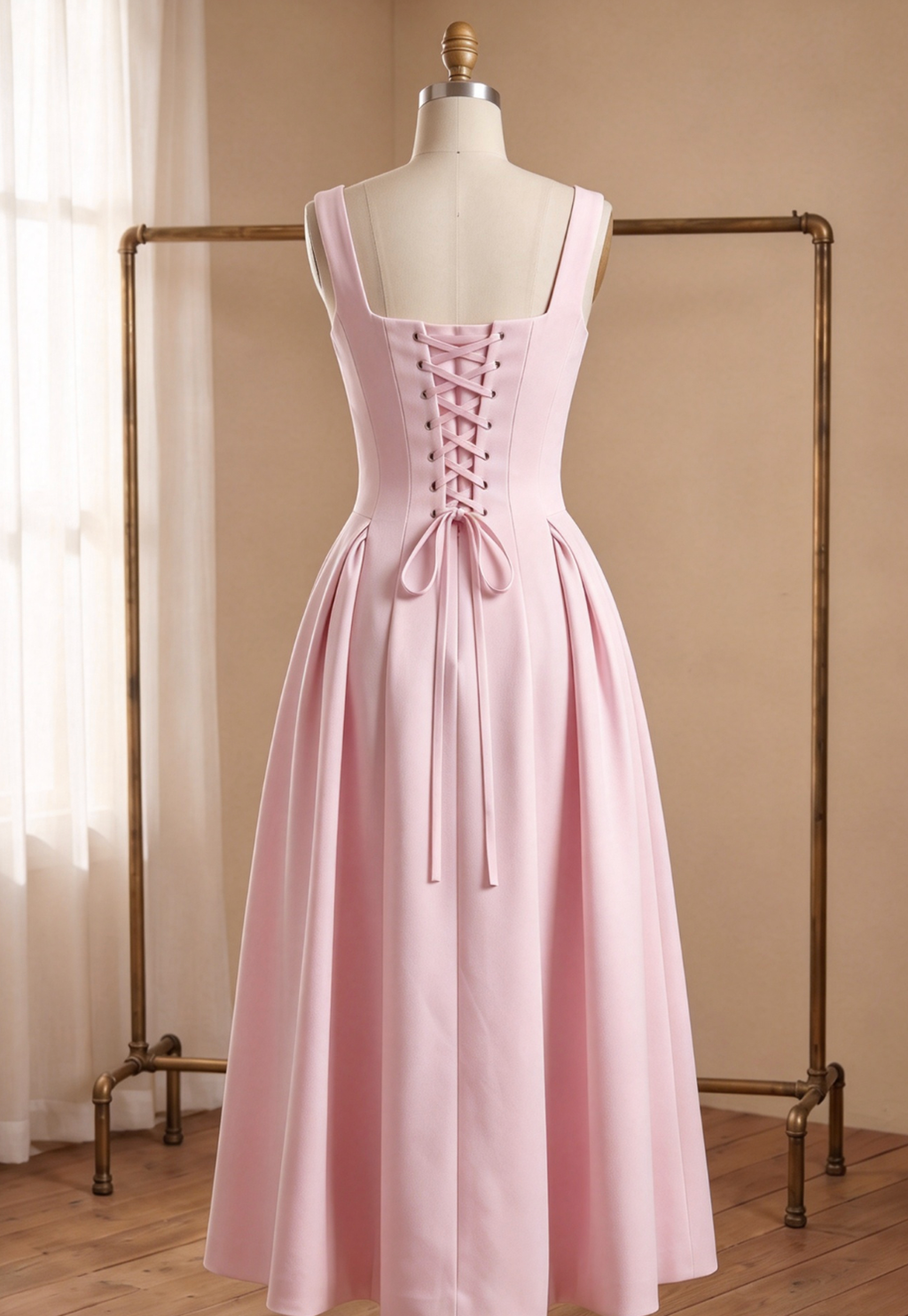 Light Pink Structured Satin Fit-and-Flare Midi Dress Flowering Girl
