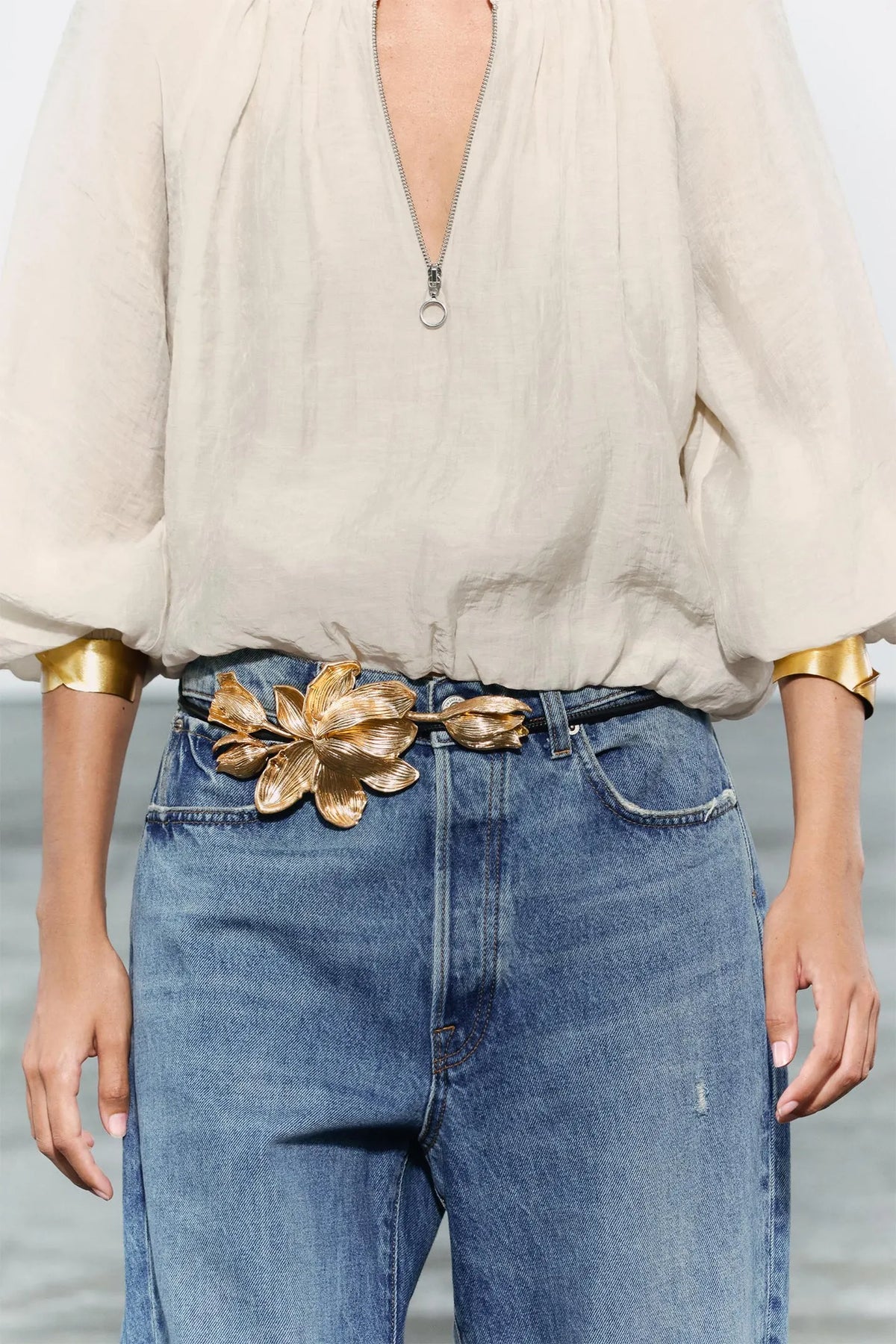 3D Sculpted Golden Floral Thin Leather Belt Flowering Girl