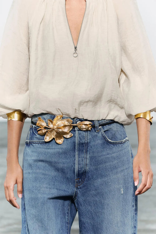 3D Sculpted Golden Floral Thin Leather Belt Flowering Girl