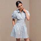 Blue White Stripe Collared Puff Sleeve Button Front Mini Shirt Dress Flowering Girl