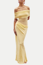 Reanko Off Shoulder Ruched Mesh Maxi Dress - Yellow Flowering Girl